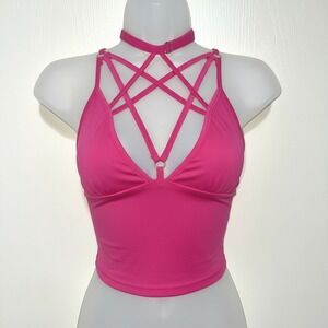 New XS Pink Pentagram Strappy V-Neck Crop Top Sleeveless Blouse Y2k Whimsygoth